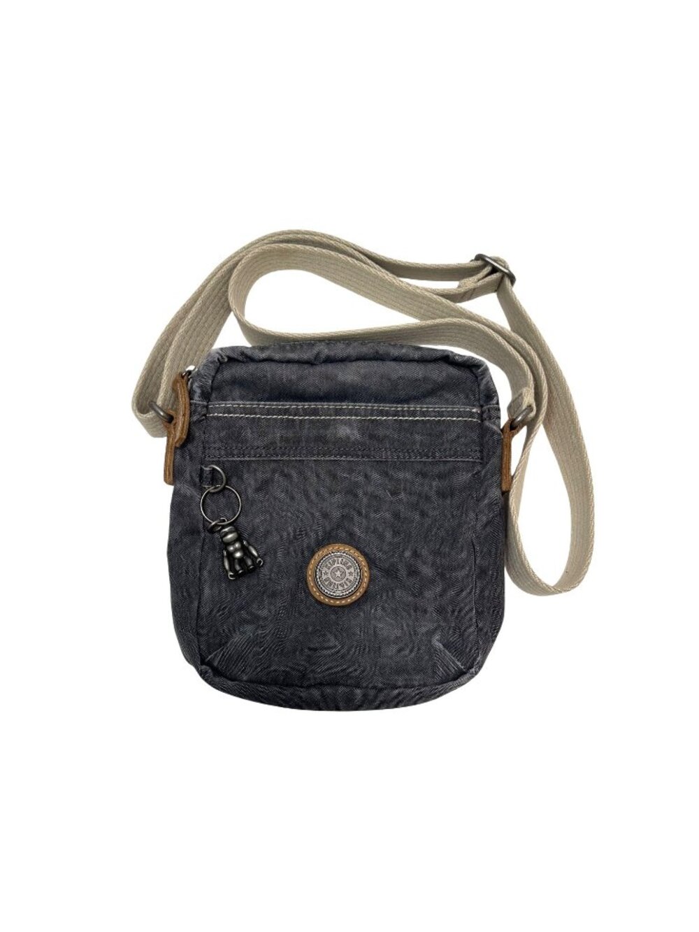 Kipling Hisa Distressed Black Gray Crossbody Bag With 3 Compartments and Monkey